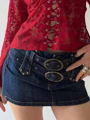 Vintage Denim Buckle Wrap Hip Mini Skirt