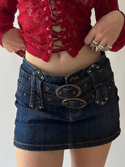 Vintage Denim Buckle Wrap Hip Mini Skirt