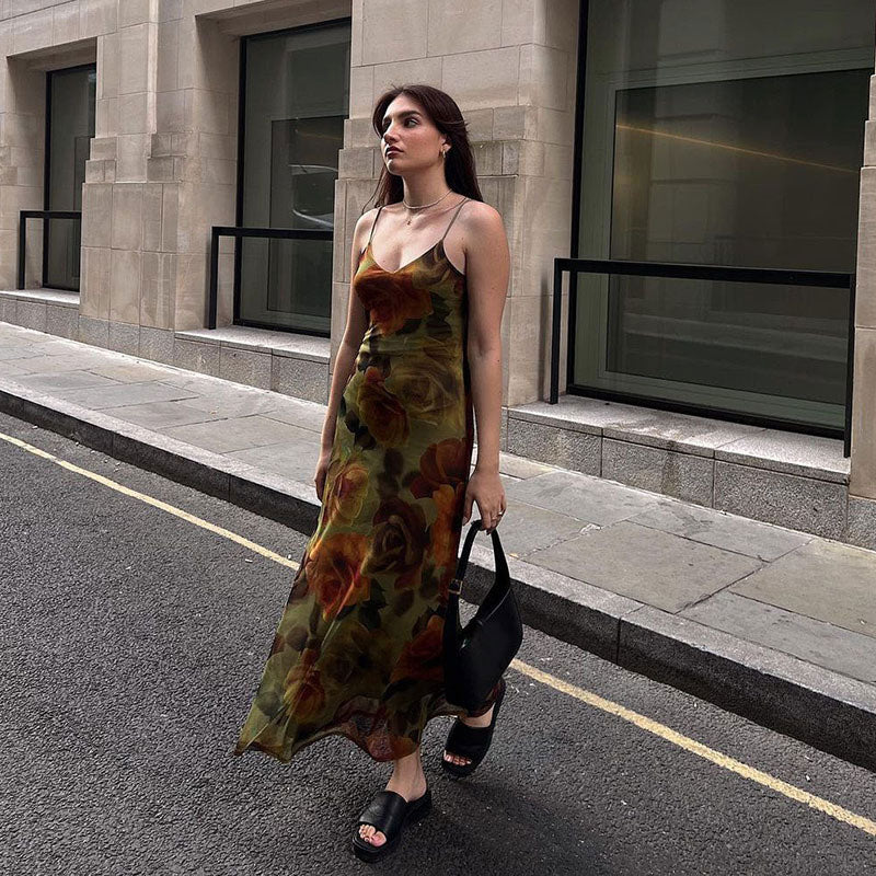 Vintage Floral Print Chiffon V Neck Slip A-line Maxi Dress