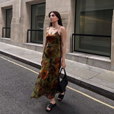Vintage Floral Print Chiffon V Neck Slip A-line Maxi Dress