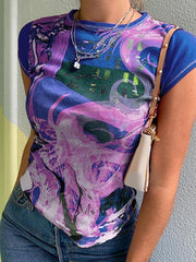 Vintage Short Sleeve Printed Crop Top