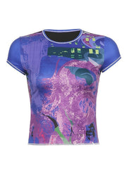 Vintage Short Sleeve Printed Crop Top