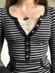 Vintage Striped Button Front Ribbed Knit Top