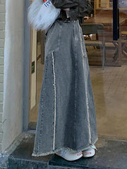 Washed Raw Edge Patchwork Back Slit Maxi Skirt