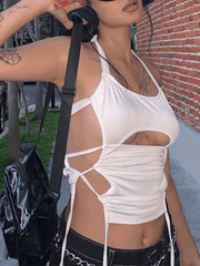 White Lace Up Cutout Halter Crop Cami Top
