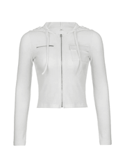 White Zip-Up Hooded Cropped Knit Top