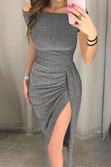 Bxoxo - Fashion Elegant Solid Slit Sequined Off the Shoulder Wrapped Skirt Dresses