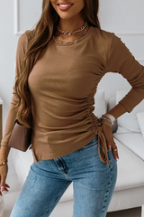 Bxoxo - Casual Solid Draw String Slit O Neck Tops