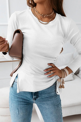 Bxoxo - Casual Solid Draw String Slit O Neck Tops