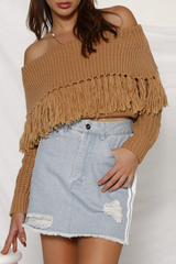 Bxoxo - Casual Elegant Solid Tassel Split Joint Off the Shoulder Tops