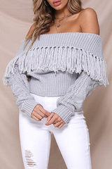 Bxoxo - Casual Elegant Solid Tassel Split Joint Off the Shoulder Tops