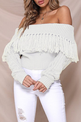 Bxoxo - Casual Elegant Solid Tassel Split Joint Off the Shoulder Tops