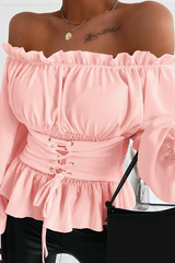 Bxoxo - Casual Solid Flounce Off the Shoulder Tops(5 colors)