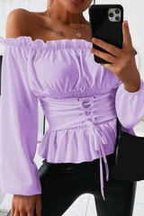 Bxoxo - Casual Solid Flounce Off the Shoulder Tops(5 colors)