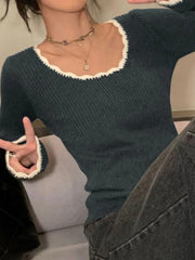 BXOXO Contrast Color Trim Slim Long Sleeve Knit