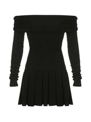 Black Off Shoulder Pleated Slim Mini Dress