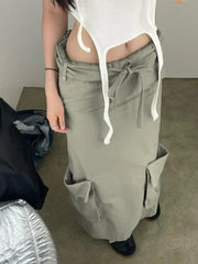 Low Waist Big Pocket Rolled Lacing Midi Skirt