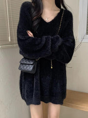 Solid V Neck Fuzzy Loose Sweater