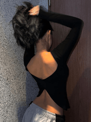 Backless Slit Black Long Sleeve Top