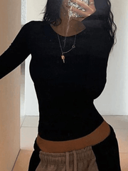 Backless Slit Black Long Sleeve Top