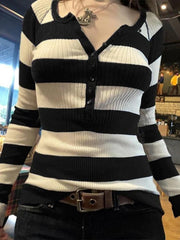 Blue Stripe Button Up Ribbed Knit Top