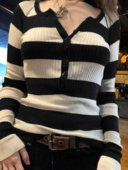Blue Stripe Button Up Ribbed Knit Top