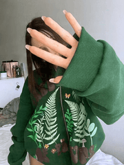 Botanical Print Green Zip-Up Hoodie