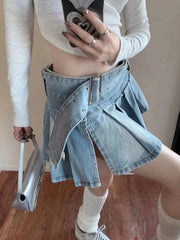 Buckle Belt Denim Pleated Mini Skirt