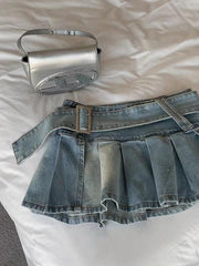 Buckle Belt Denim Pleated Mini Skirt