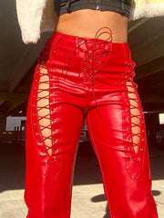 Cut-out Lace Up Pu Leather Pants