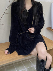 Solid V Neck Fuzzy Loose Sweater