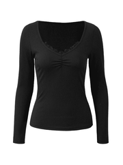 Lace Trim Black Long Sleeve Knit Top