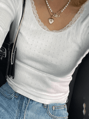 Lace Trim White Knit Top