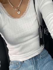 Lace Trim White Knit Top