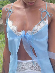 Mesh Cutout Lace Patchwork Tie Up Cami Top