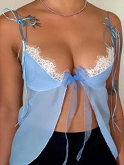 Mesh Cutout Lace Patchwork Tie Up Cami Top