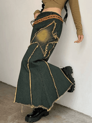 Slit Vintage Star Embroidered Denim Maxi Skirt