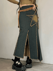 Slit Vintage Star Embroidered Denim Maxi Skirt