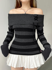 BXOXO - summer inspo Off Shoulder Slim Knitted Stripe Jumper Women Lace-Up Slash Neck Long Sleeve Sweater Tee Korean Fashion Street Knittwear