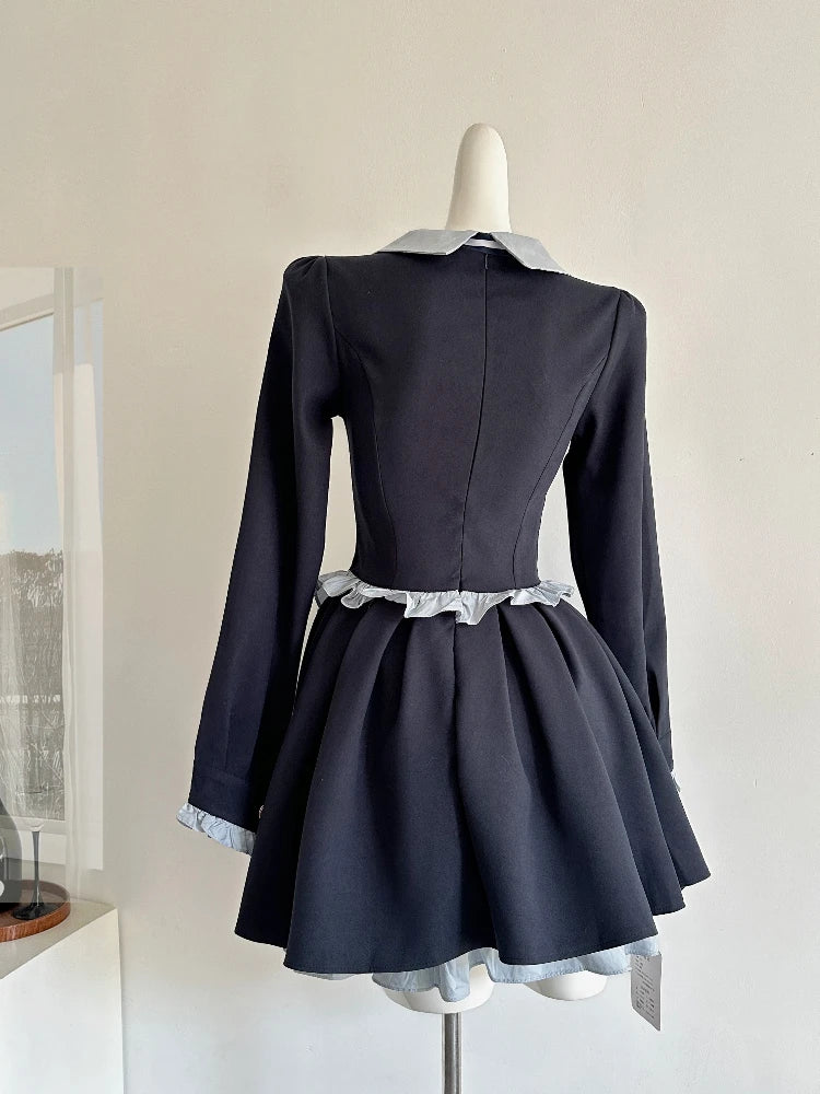 BXOXO Spring Japanes Kawaii College Style Splicing Short Dress Woman Sweet Bow Peter Pan Collar Dress Female Vintage 2000s Clothes Y2k