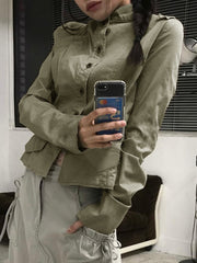 BXOXO - summer inspo Retro Green Slim Cargo Jackets Women Button Up Stand Collar Long Sleeve Autumn Korean New Fashion Outwear