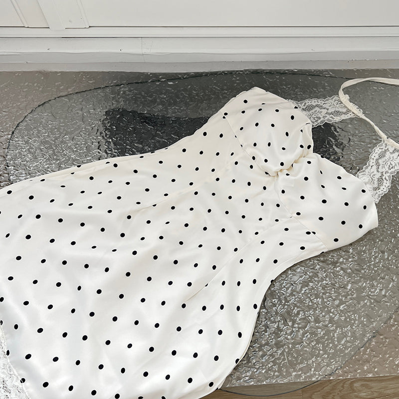 BXOXO - summer inspo Halter Polka Dot Dress Women Summer Gentle Style Sleeveless Sweet Slim Dress Fashion Lace Patchwork A-line Dress