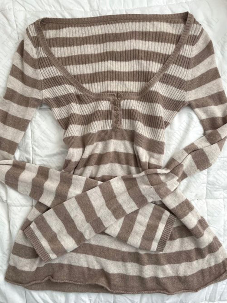 Bxoxo Casual fashion striped autumn and winter pullover sweater vintage Harajuku Y2K punk emo girls streetwear cute chic slim sweater