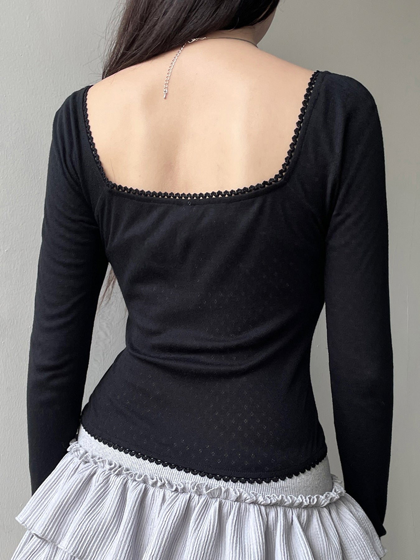 BXOXO - summer inspo Korean Fashion Shirring Bow Square Collar Slim Long Sleeve Black T Shirt Women White Solid Basic Cute Japanese Top Tee