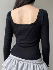 BXOXO - summer inspo Korean Fashion Shirring Bow Square Collar Slim Long Sleeve Black T Shirt Women White Solid Basic Cute Japanese Top Tee