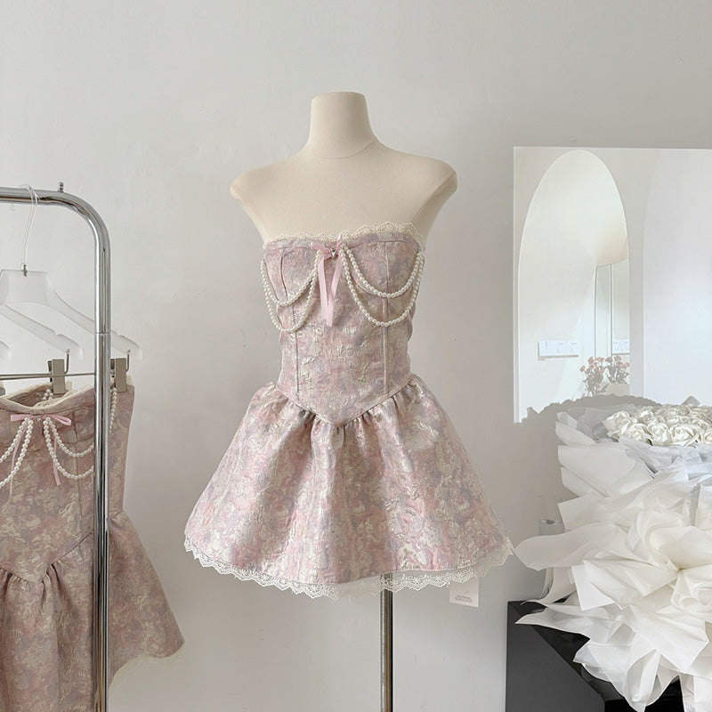 BXOXO - summer inspo Sweet Elegance Retro Jacquard Strapless Dress for Women Fashion Dresses Cute Pearl Pendant Slim Fit Patchwork Sexy Mini Dress