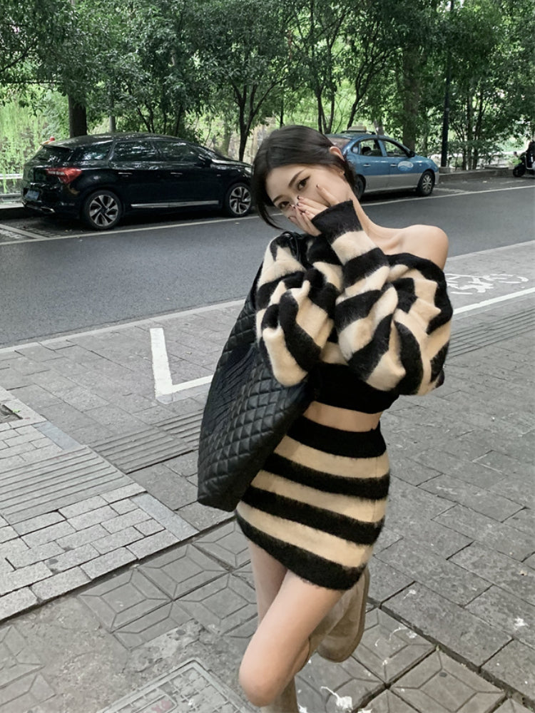 BXOXO party look inspos Striped Knitted Suits Women Casual 2 Piece Dress Set Female Y2k Clothing Korean Fashion Sweater Dress Office Lady 2025 Autumn