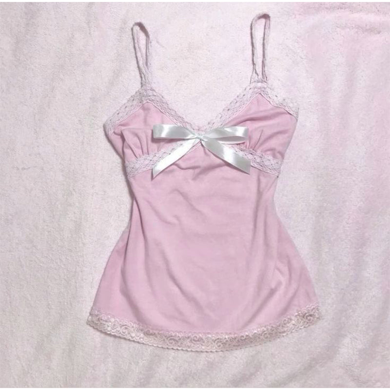 Bxoxo Cute Lace Bow Women Tank Vest vintage Aesthetic Y2K Sweet Harajuku crop tops Streetwear Hip Hop Punk Rock emo girl Baby T-Shirt