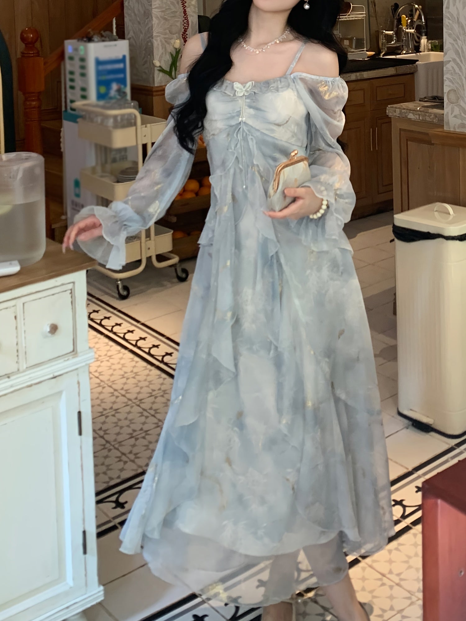 BXOXO Lavender Blue Ombre Dress - Elegant Floral Print, Long Sleeve, Off-Shoulder, A-Line Silhouette, Ruffle Detail, Polyester, Perfect for Spring & Summer