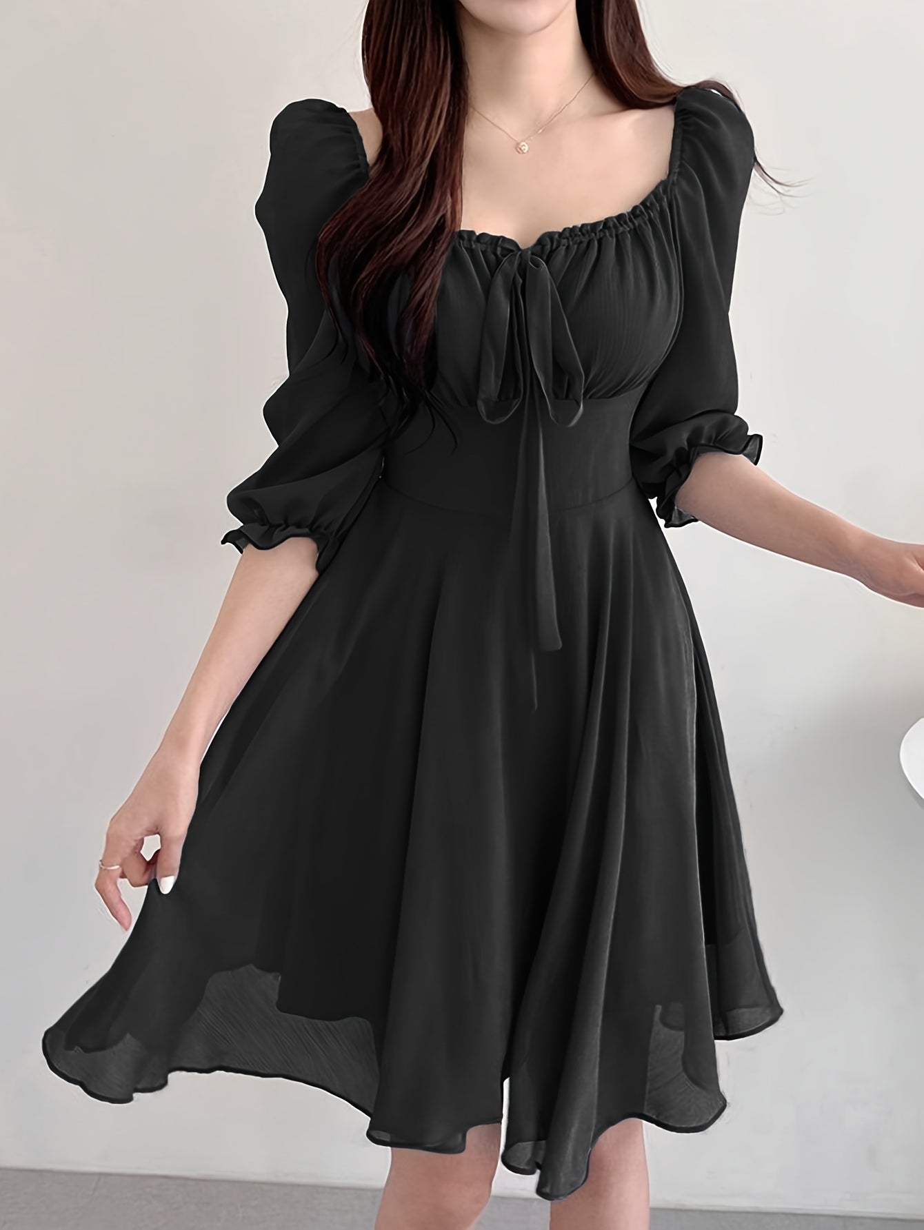 BXOXO Solid Color Square Neck Dress, Elegant Short Sleeve Tie Waist A-line Flowy Dress for Spring & Summer, Women's Clothing